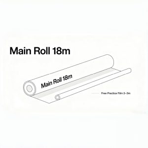 Line drawing schematic showing MOZXFILM 18m main vinyl wrap roll with complimentary free 2-3m practice film for DIY beginner car wrapping training.