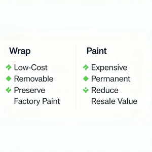 Comparison infographic chart showing benefits of MOZXFILM car wrap vs permanent paint: wrap is low-cost, removable and preserves factory paint while paint is expensive, permanent and lowers vehicle resale value.
