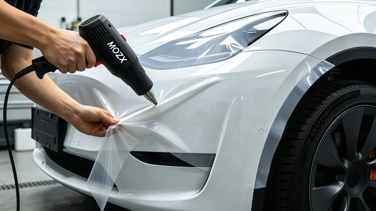 Flexible PET TPU wrap fit Tesla Model Y front bumper complex 3D curve no stretch whitening