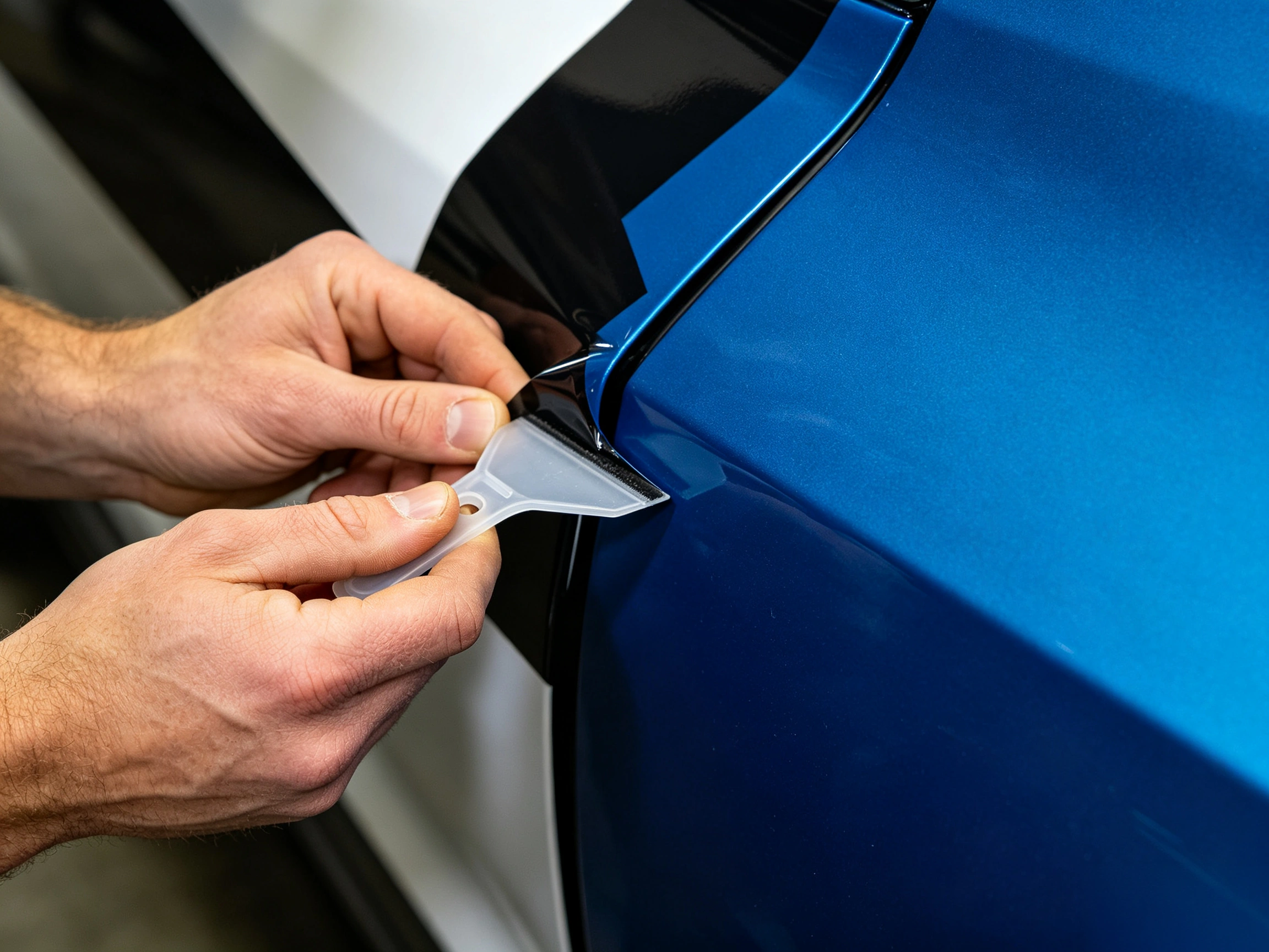 DIY car wrap finisher uses mini precision plastic squeegee to tuck black MOZXFILM vinyl wrap into car body crease for clean, durable edge wrapping finish.