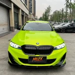 MOZX Smart Gloss Neon Lime TPU wrap full front shot on BMW 3 Series G20 sedan, glossy bright lime green color change paint protection film