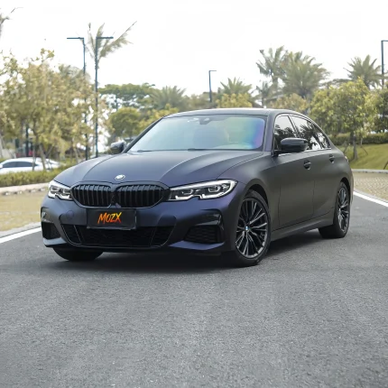 Front full view BMW 3 Series wrapped with MOZX Matte Midnight Purple premium TPU car wrap, matte dark purple matte finish