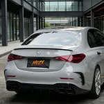 Rear trunk shot Mercedes C-Class wrapped MOZX Smart Nardo Grey PET wrap, seamless trimming around taillights & rear diffuser