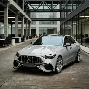 Mercedes C-Class AMG wrapped with MOZX Smart Nardo Grey high gloss PET vinyl wrap, industrial office full exterior showcase
