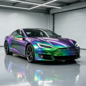 MOZX Easy chameleon green blue purple PET vinyl wrap on Tesla car