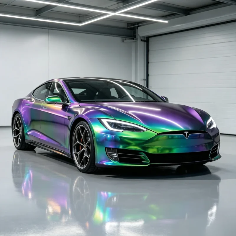 MOZX Easy chameleon green blue purple PET vinyl wrap on Tesla car