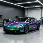Front view Tesla with MOZX Easy chameleon green blue purple PET vinyl wrap