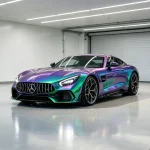 Front‑angle Mercedes AMG with MOZX Smart chameleon green blue purple PET wrap