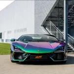 Front view Lamborghini MOZX Elite chameleon green blue purple TPU car wrap