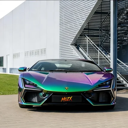 Front view Lamborghini MOZX Elite chameleon green blue purple TPU car wrap