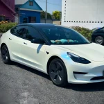 Full‑body outdoor Tesla Model3 MOZX Smart white iridescent blue PET car wrap