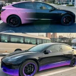 Tesla Model 3 black-pink and black-purple gradient vinyl wrap, side view