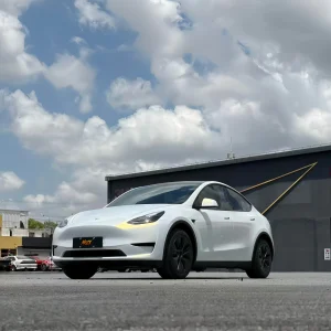 MOZX Smart white iridescent gold PET car wrap on Tesla Model Y