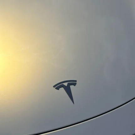 MOZX Elite white iridescent gold TPU car wrap close‑up on Tesla badge
