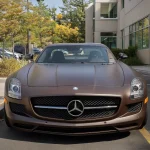 MOZX Easy Matte Metallic Dark Copper PET vinyl wrap full front shot Mercedes SLS AMG supercar, matte dark copper car wrap for DIY beginner