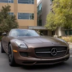 Three-quarter front Mercedes SLS AMG wrapped MOZX Easy Dark Copper matte PET wrap, smooth matte copper finish on sport car curves