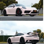 Split front three-quarter & rear side view Porsche 911 wrapped MOZX Elite Shell Pink high gloss self-healing TPU wrap, full sports car exterior display
