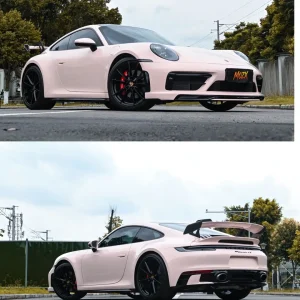 Split front three-quarter & rear side view Porsche 911 wrapped MOZX Elite Shell Pink high gloss self-healing TPU wrap, full sports car exterior display