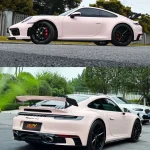 Split full side profile & rear three-quarter Porsche 911 wrapped MOZX Elite Shell Pink glossy TPU color change film, natural outdoor light mirror reflection