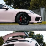 Dual close-up shot front wheel arch & carbon rear wing Porsche 911 wrapped MOZX Elite Shell Pink self-healing TPU wrap, ultra-smooth texture macro view