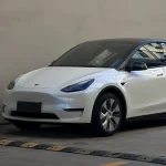 Static garage shot Tesla MOZX Easy white iridescent blue PET vinyl wrap