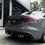 Rear shot Jaguar XE sport diffuser wrapped MOZX Easy Bernina Grey glossy PET vinyl wrap, reflective metallic grey body finish