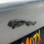 Macro close-up Jaguar leaping cat emblem on MOZX Easy Bernina Grey gloss PET wrap, ultra-smooth reflective PET surface texture