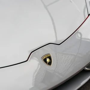 Macro shot Lamborghini golden bull badge on hood wrapped with MOZX Elite Nardo Grey self-healing TPU PET wrap, flawless mirror gloss surface